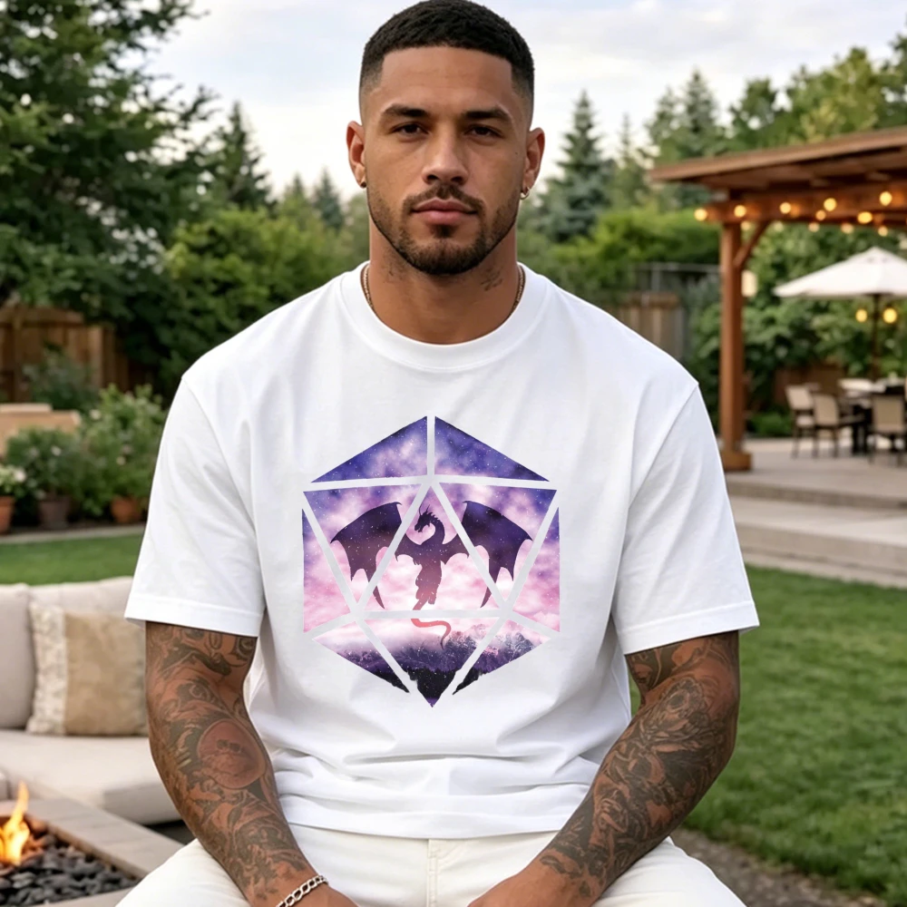 Galaxy Nebula D20 Dragon Silhouette Graphic Tee Men Cotton Tops Dungeons & Dragons Casual Male Cosmic Tabletop Game Fashion Tee
