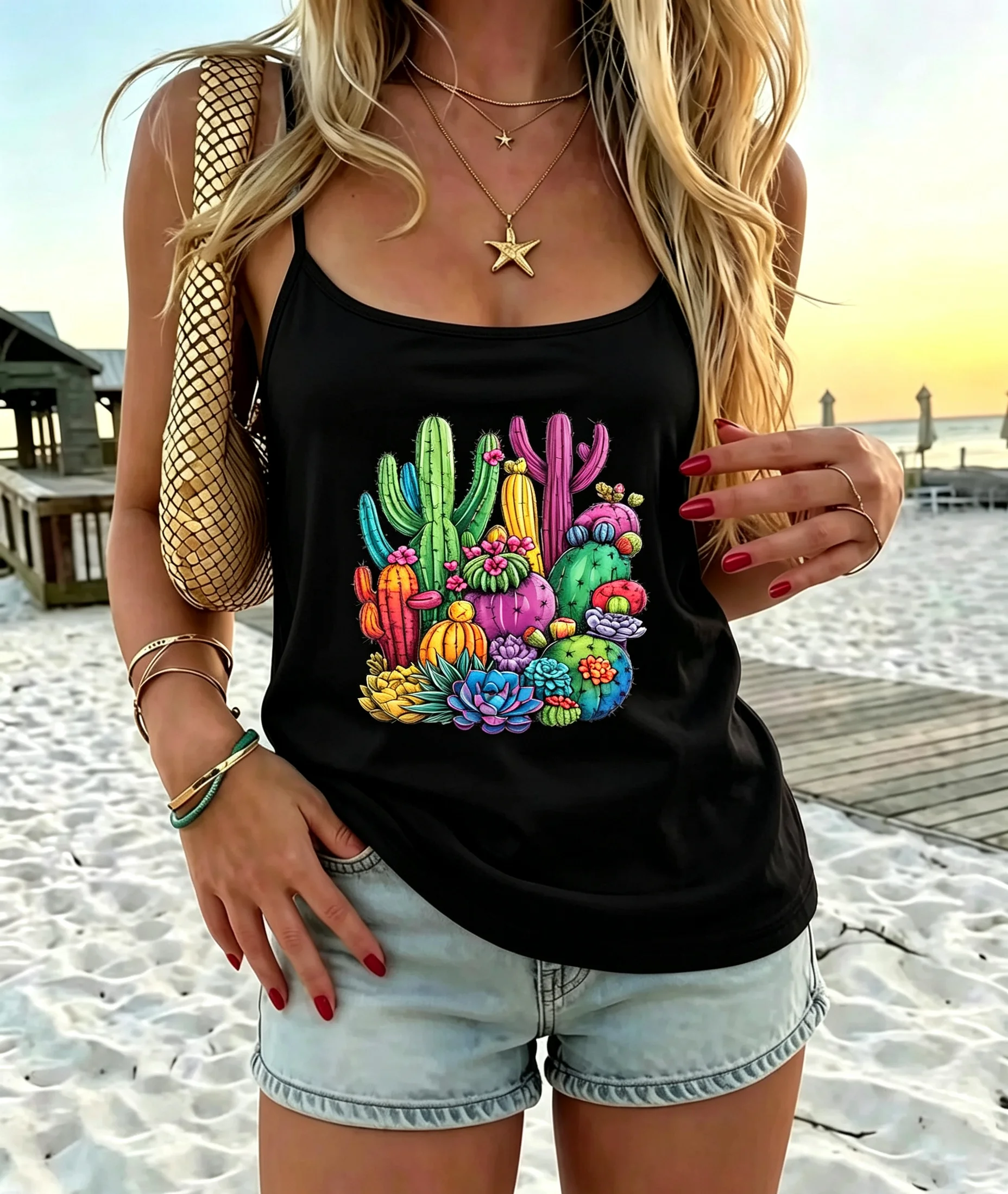 Retro Tropical Cactus Succulent Graphic Tank Top Stylish Sleeveless Cami for Ladies Weekend Party and Everyday Wear