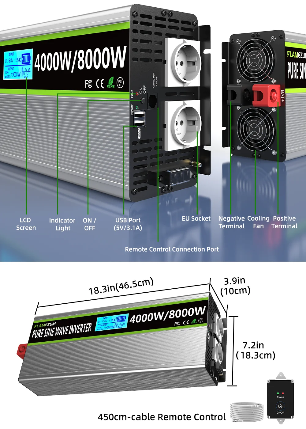 8000 W Solar-Wechselrichter DC 12 V/24 V zu AC 230 V reiner Sinus-Wechselrichter-Konverter mit RC und Dual-USB-Autolade-Wechselrichter – Detail 4