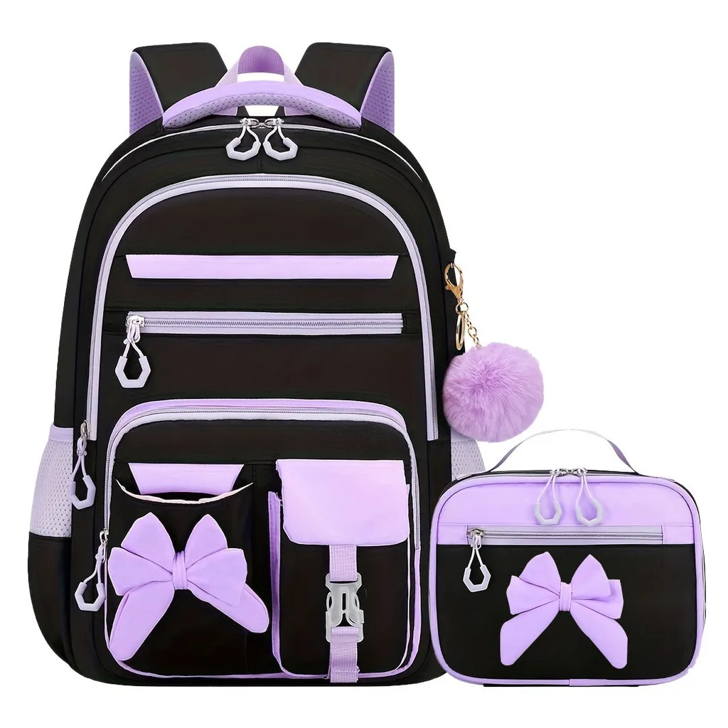 Schulrucksack für Mädchen mit mehreren Taschen, Schultaschen-Set mit Schleife, Grundschulrucksack, Rückenstützrucksack für Reisen im Freien