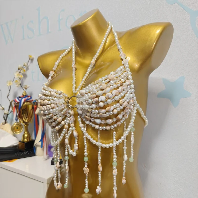 Damenbekleidung: Perlenbesetztes Quasten-Bodychain-Bralette, Perlen-Neckholder-Harness-Crop-Top, sexy für Strandparty, Festival, Rave, Urlaub. – Detail 8