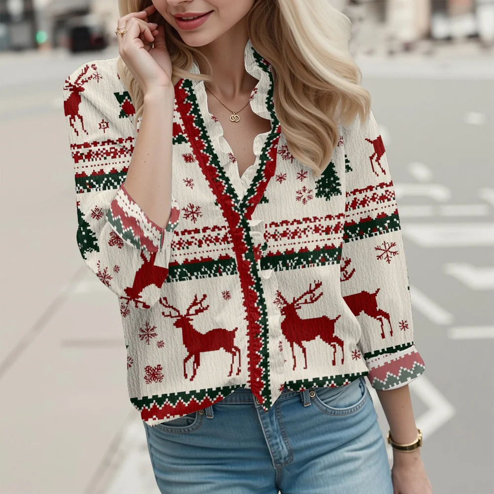 عيد الميلاد الحلو القوس طباعة المرأة بلوزة فقاعة كريب النسيج تكدرت طوق كم طويل أعلى لطيف جديد حزب ارتداء قميص أنيق #1