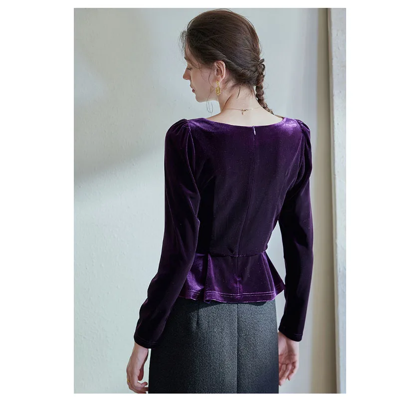 High-end Silk Velvet Ladies Long Sleeve Shirt Purple French Pullover Square Collar T-shirt Temperament Elegant Blouse Soft Light