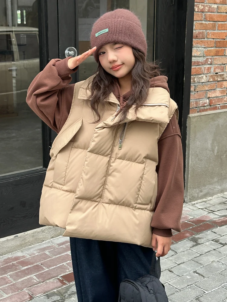 

Пуховый жилет для девочек, корейское теплое хлопковое пальто, белое пальто Du down Jaet, верхняя одежда на осень и зиму, прямой крой Thiened