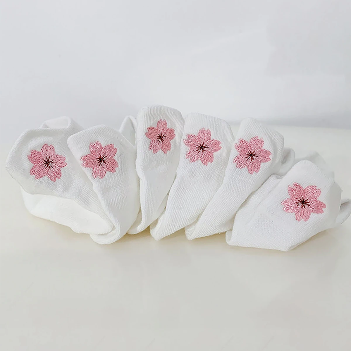 6 pairs of white Ankle Socks with ear pulls, cherry blossom embroidery, breathable, comfortable, moisture-wicking