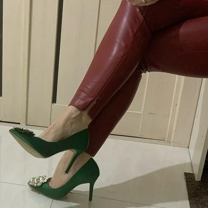 Women Satin 10cm High Heels Sexy Crystal Drag Queen Pumps Lady Pointed Toe New Red Green Formal Occasion Evening Banquet Shoes