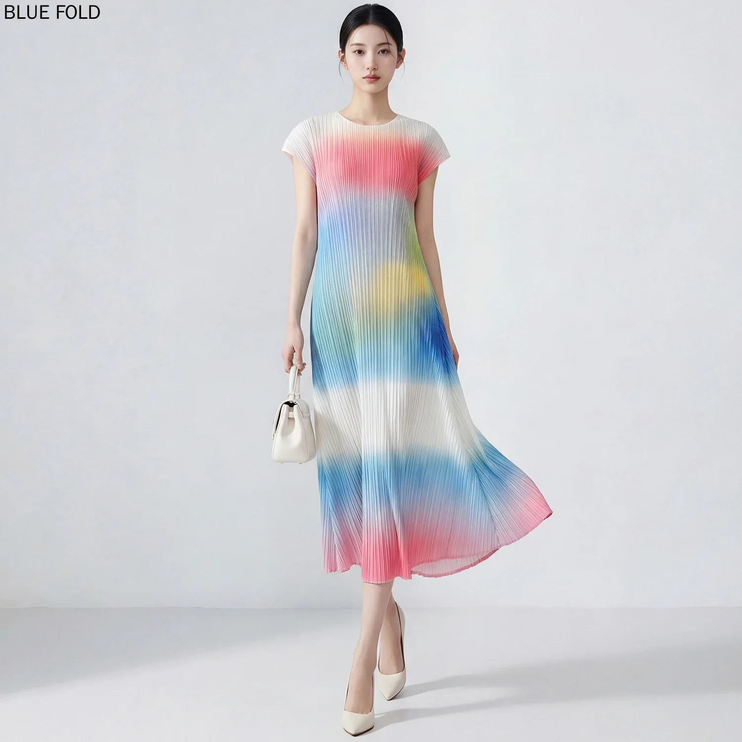 Vestido Midi Holgado de Verano 2026 con Estampado Plisado y Degradado Arcoíris Estilo Vacaciones para Mujer, Moda MIYAKE PLEATS