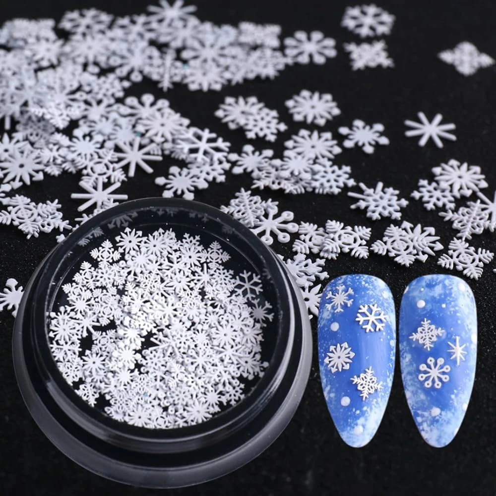 1 Jar Gold White Snowflake Christmas Nail Glitter Sequins 3D Snowflake Xmas Nail Winter DIY Decals Charms Nail Accessories Parts