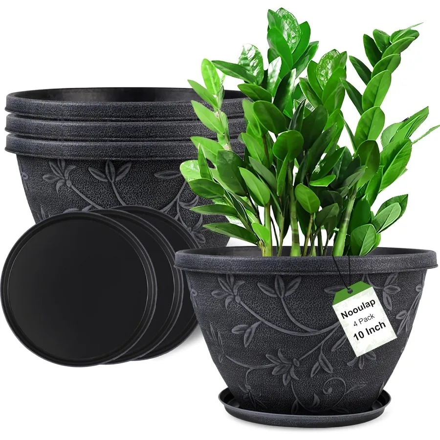 

4 Pack 10 Inch Plant Pot for Outdoor Indoor Plastic Flower Pots with Drainage Hole Saucer Lightweight Small Resin Flower Pot Im