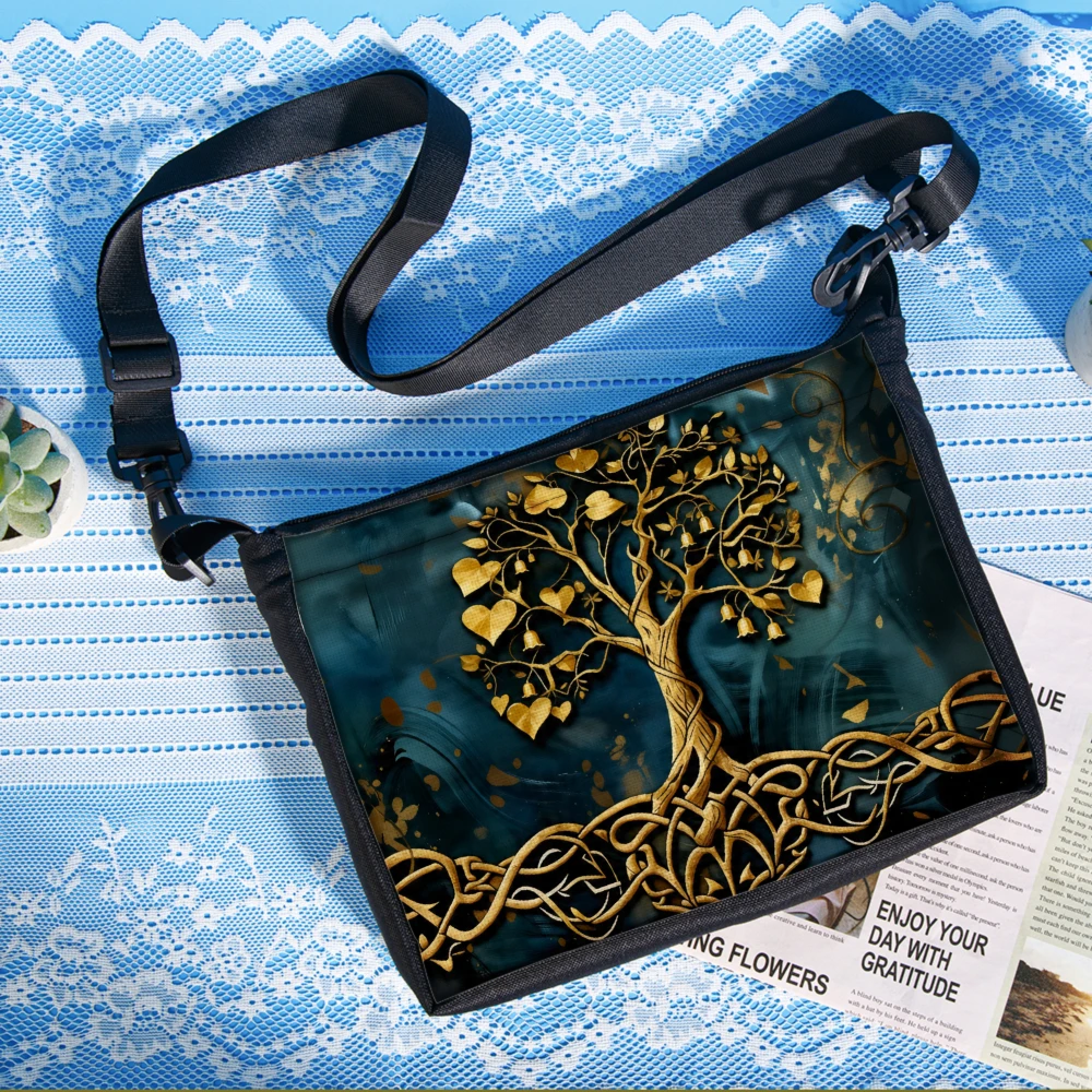1pc Tree Of Life Crossbody Bag Dark Blue Golden Heart Leaves And Celtic Knot Pattern Shoulder Bags For Women Fashion Artistic De