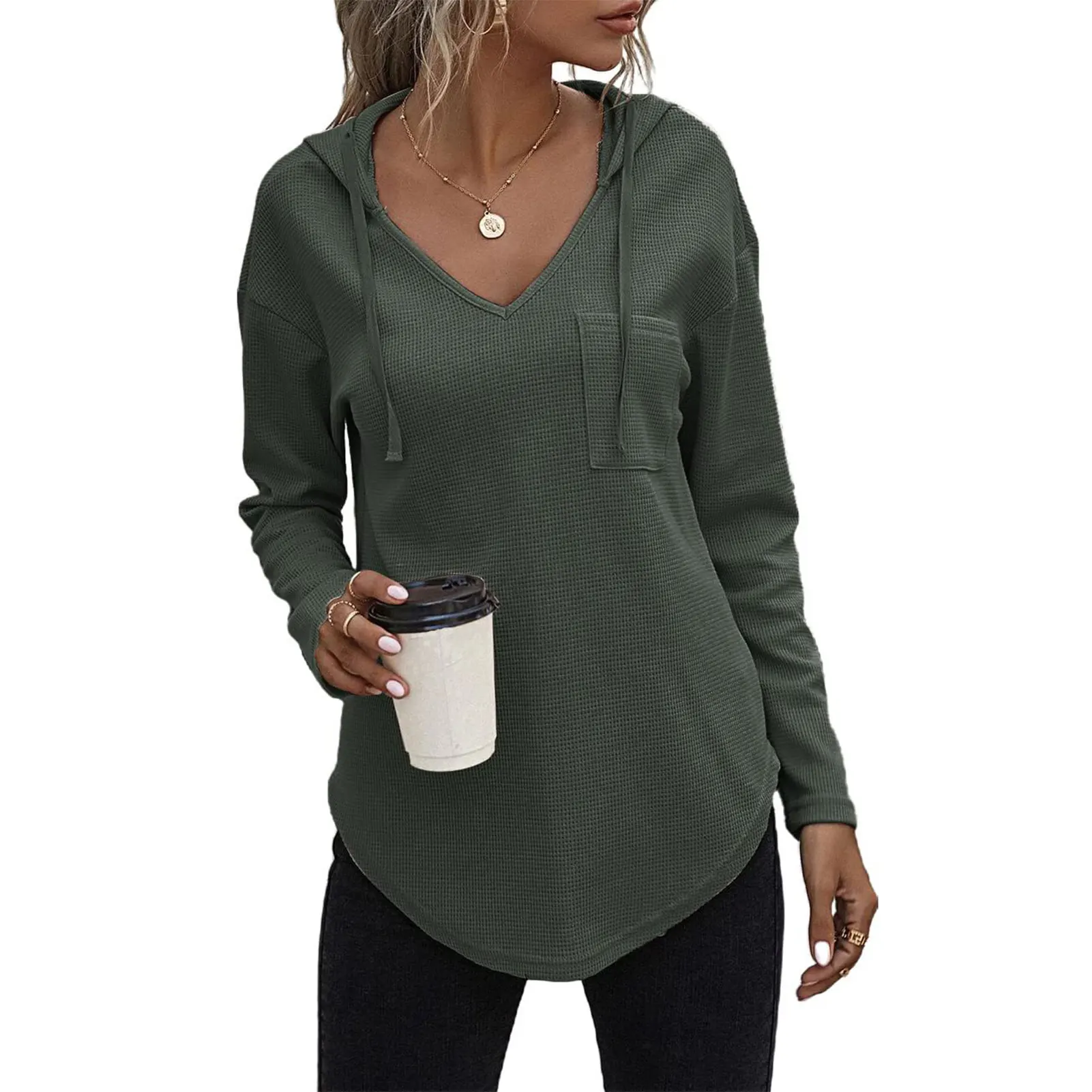 Women's V Neck Hoodies Long Sleeve Sweatshirt Drawstring Pullover Tops with Pocket for Shopping Holiday Vacation