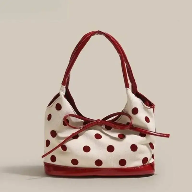 Bloom Retro Dot Red Handbag Women Versatile Bow Large Capacity Casual Shoulder Bags Ladies Sweet Cute Underarm Bag Aesthetic