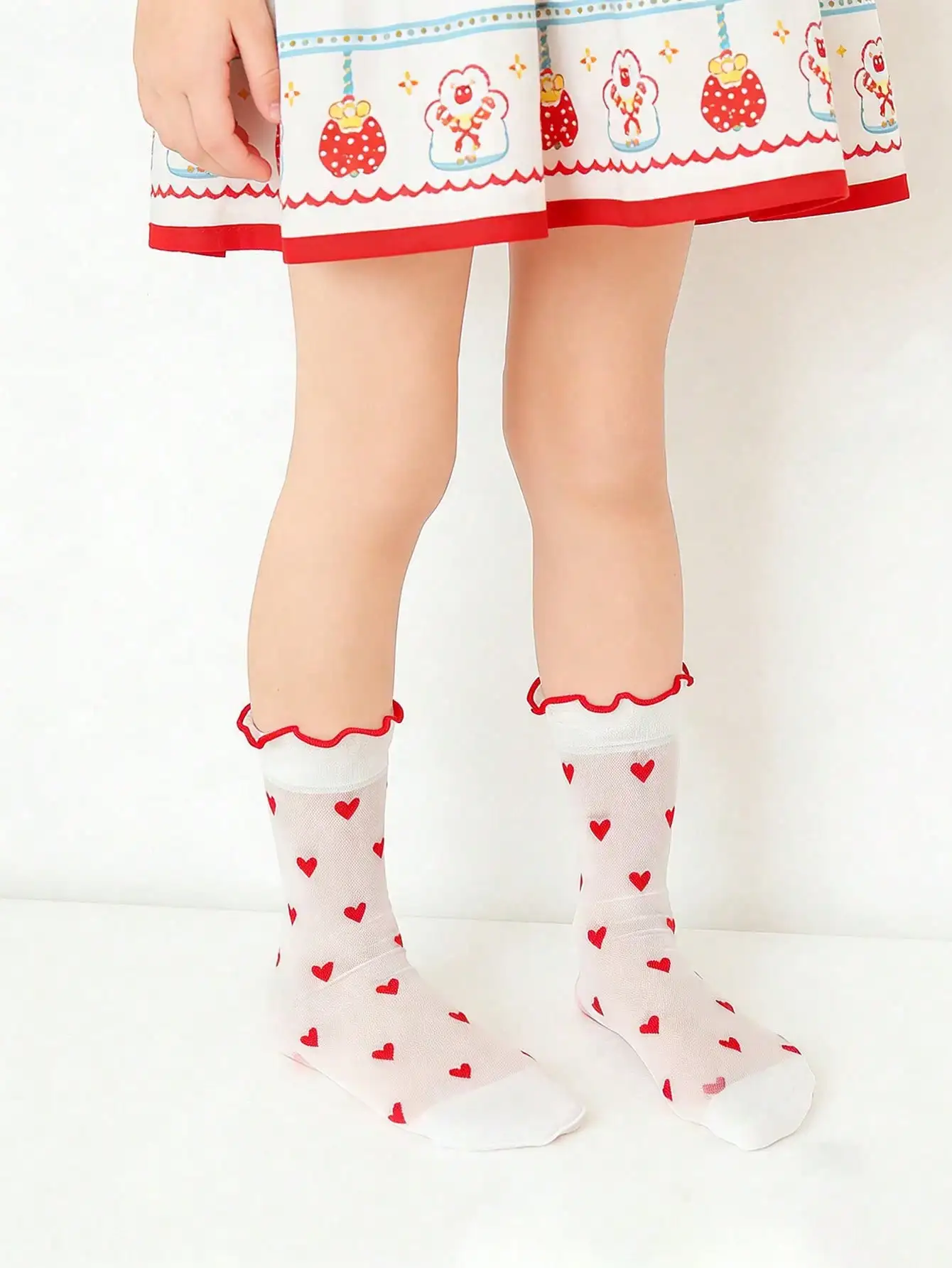 1/3/6 Paar Socken mit Herz-Print für Kinder und Mädchen, transparente Nylonsocken mit Rüschenbesatz, dünne, atmungsaktive Wadensocken für 3–8 Jahre, Frühling und Sommer