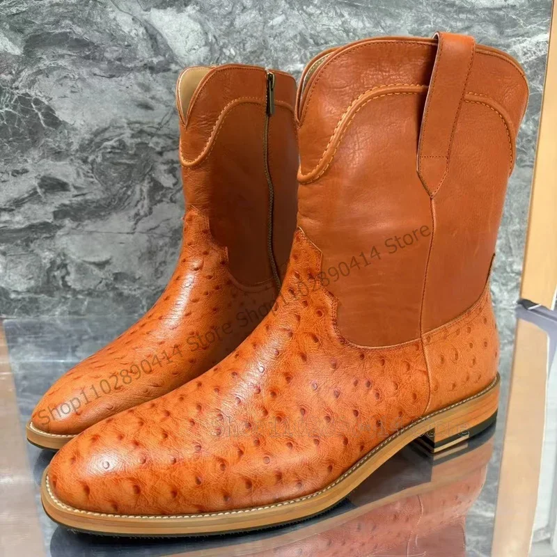 

Brown Ostrich Print Sewing Design Chunky Heels Boots Fashion Side Zipper Men Boots Luxury Handmade Party Feast Men Casual Shoes