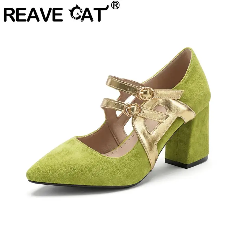 

Туфли-лодочки REAVE CAT зеленые женские с острым носком, двойными ремешками с пряжками, разноцветные, на каблуке-блоке 7,5 см, сексуальные туфли для свиданий, большие размеры 46, 47, 48