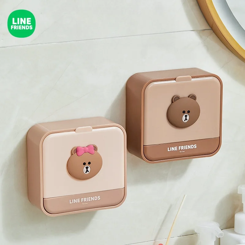 LINE FRIENDS Kawaii Brown Soap Box Cute Cartoon CHOCO Home Perforated Wall Mounted Soap Box Lid Drain Fertilizer Soap Shelf Gift