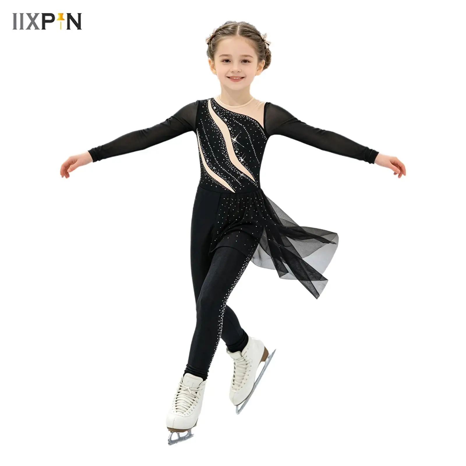 Kids Girls Figure Skating Gymnastics Dance Jumpsuit Long Sleeve Keyhole Back Shiny Rhinestone Irregular Mesh Drapey Bodysuit