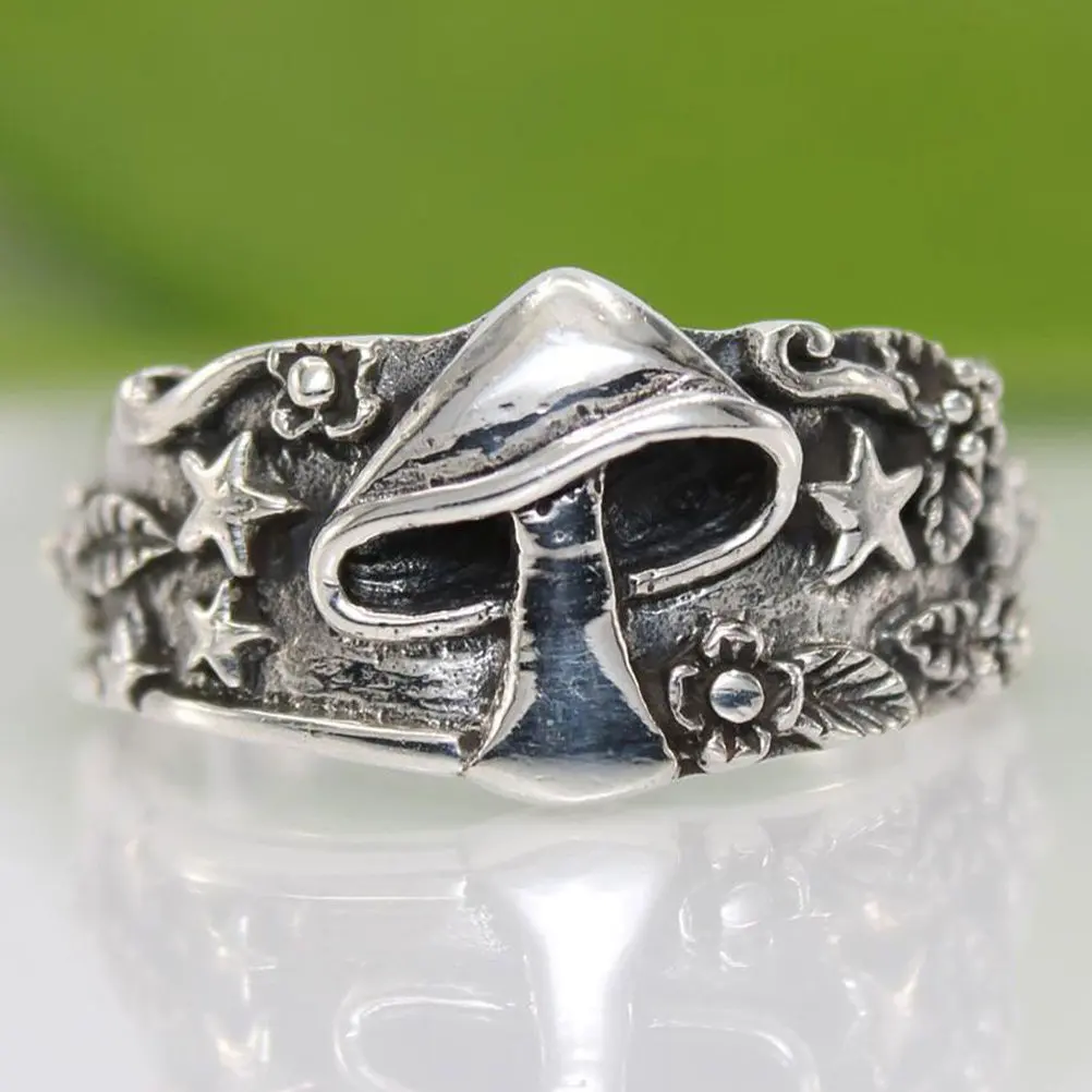 1 unidad. Anillo de aleación de estilo retro, con diseño de hongo, hoja y estrella, elegante y de inspiración vintage, ideal como adorno para los dedos en eventos, disfraces, vestuario diario y para hombres.