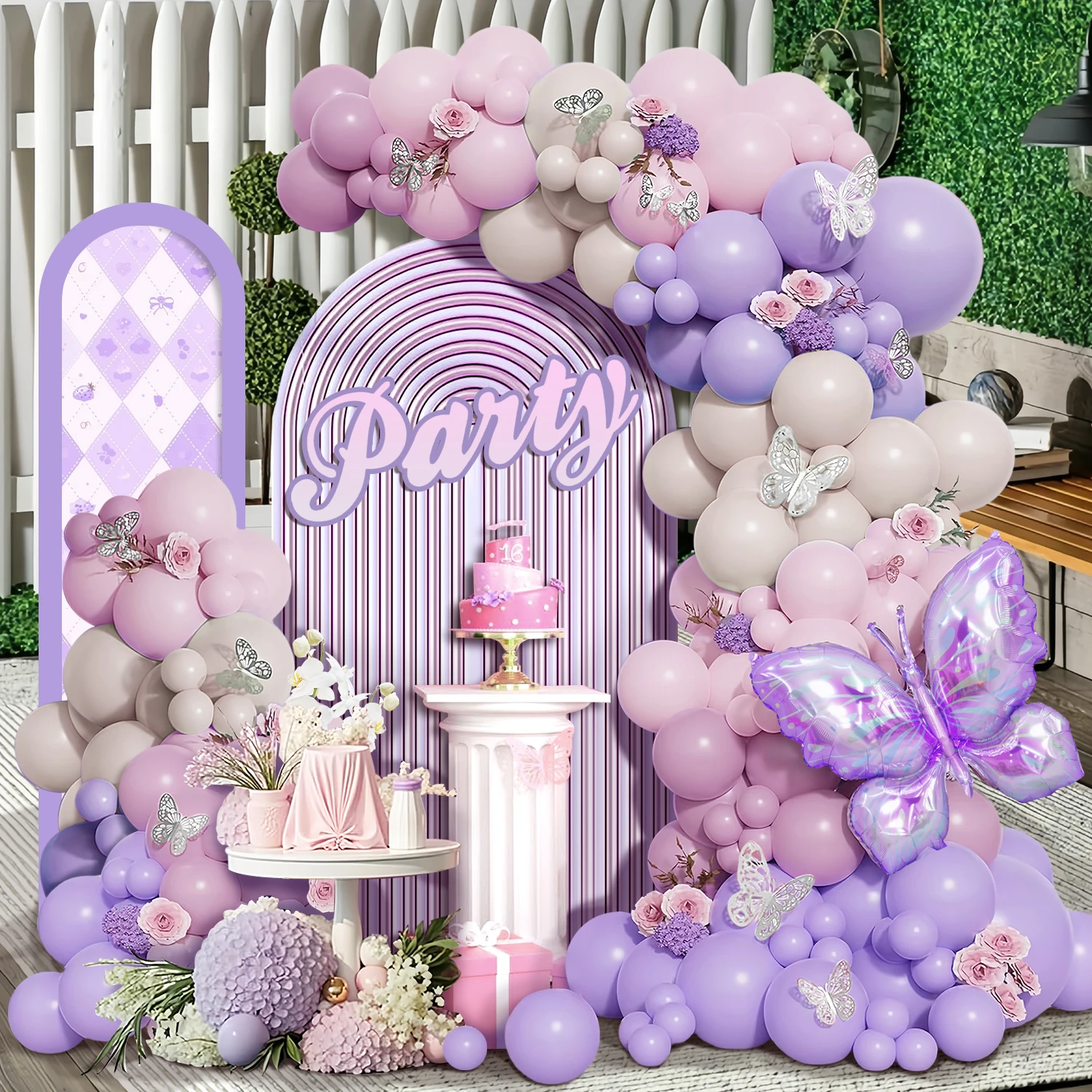 مجموعة إكليل مقوسة بالونات على شكل فراشة مكونة من 106 قطع، بالونات وردية وأرجوانية مع بالونات من رقائق الفراشة، مناسبة للفتيات #1