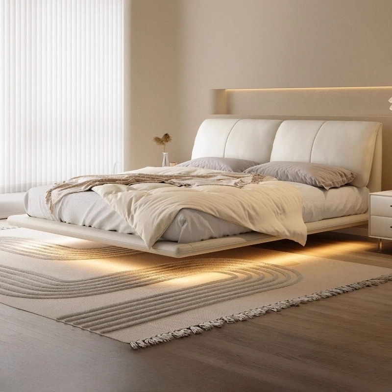 Lit suspendu blanc, minimalisme italien, Design d'oreille d'éléphant, meubles de chambre à coucher, capteur Intelligent, bande lumineuse, dossier en cuir