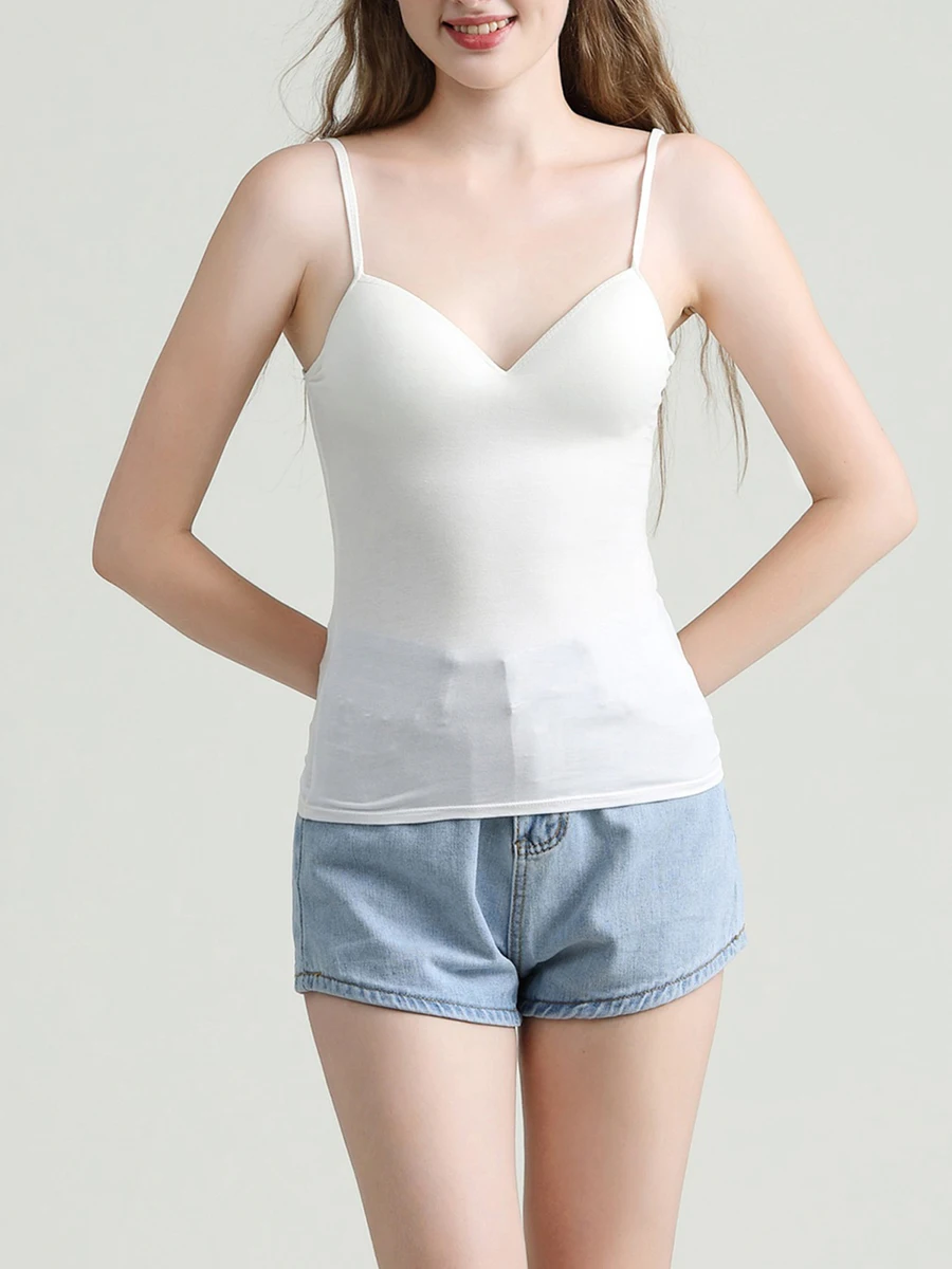 Women Solid Color -Fit Sling Top Shirt Summer Padded Tank Cami Tops Deep V-Neck Camisole