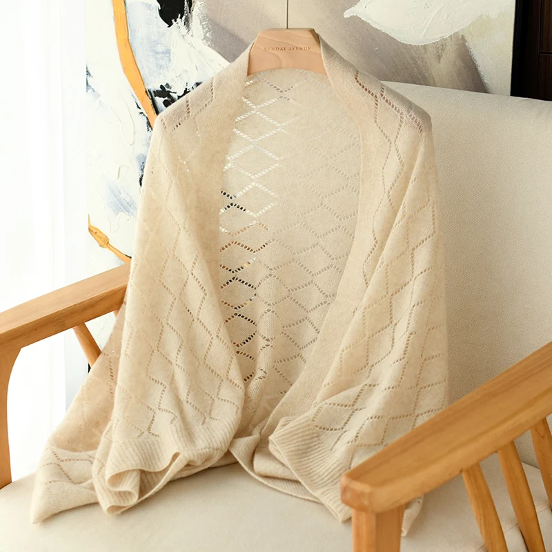 Four Seasons 100% Cashmere Shawl With Diamond-Shaped Hollow Pattern For Air-Conditioned Rooms Shoulder Warmer Scarf