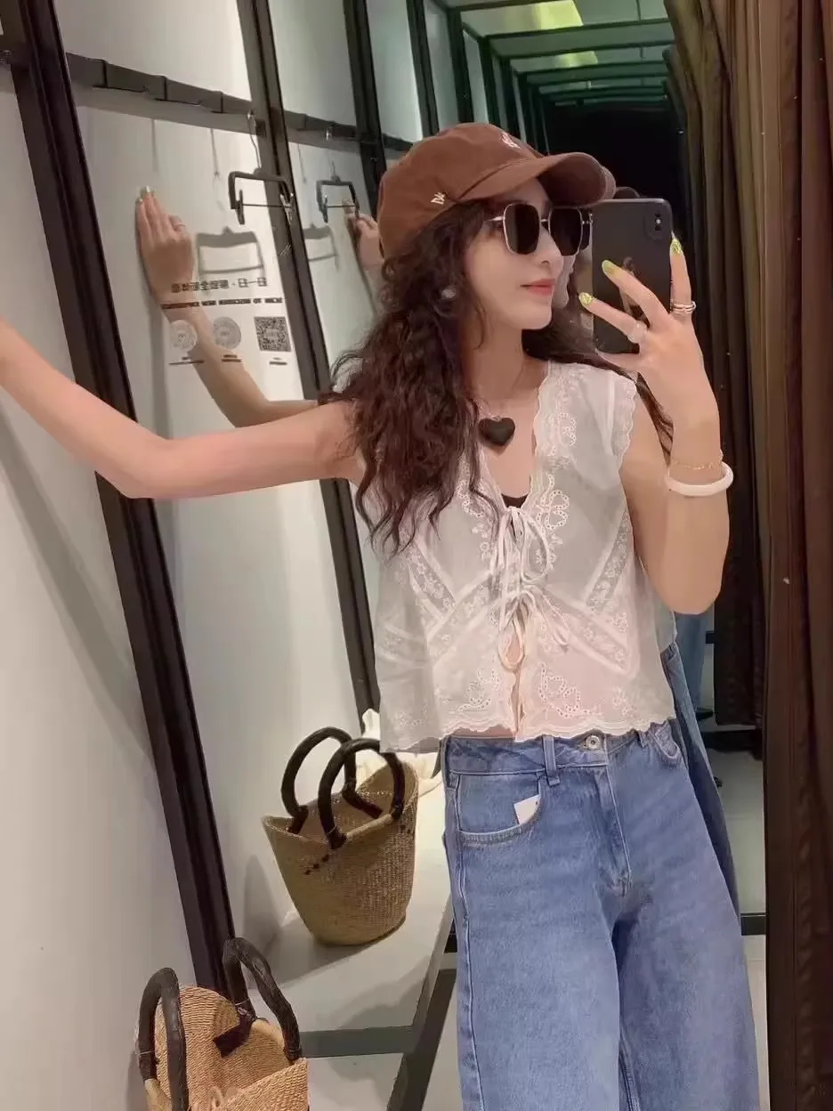 حلوة وحارة فضفاضة غير رسمية شفافة قوية مزيج القطن المطرز irt V Ne Svel توب نسائي صيفي Faion 2025 #5