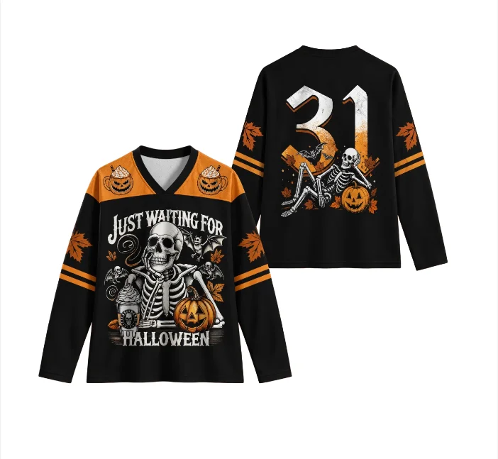 Retro V-neck 3D printed long sleeved T-shirt for street wear, loose sports long sleeved Halloween style top