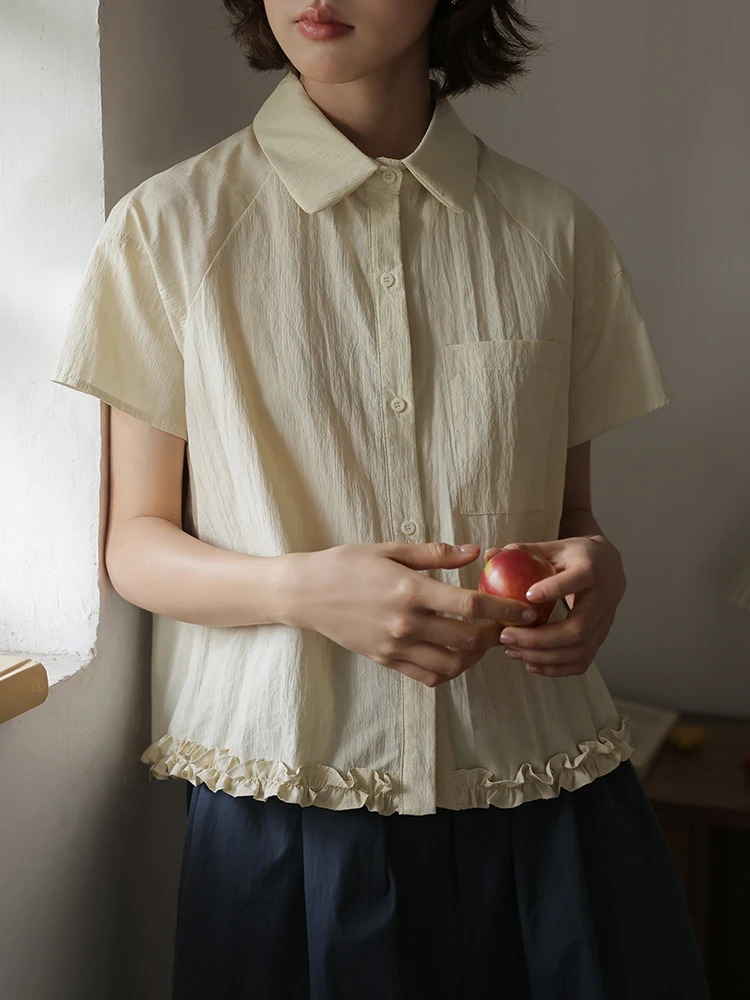 

Artistic Neck Short Sleeve Shirt Women's Summer Design Unique Cotton Loose Fit Fashionable Small Size Shirt by HanShao