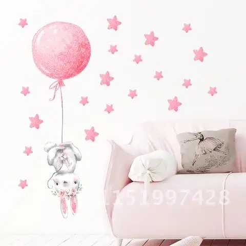 Girl Bunny Hot Air Balloon Rose Gold Pink Wall Stickers for Kids Room Baby Nursery Decorative Stickers Decals