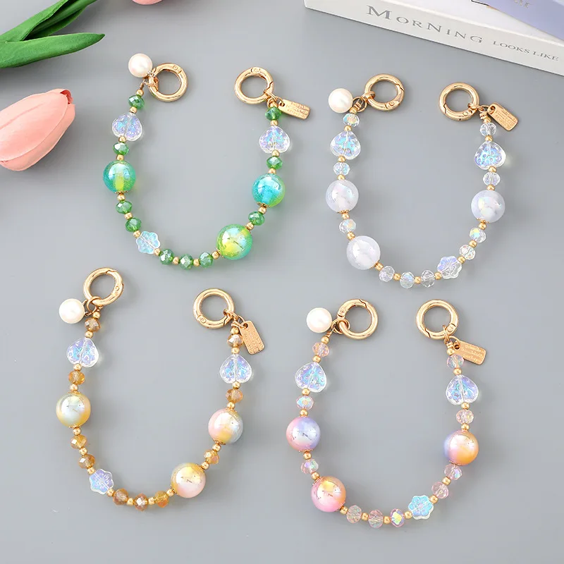 ใหม่ดอกไม้ลูกปัดโทรศัพท์พวงกุญแจจี้สีสัน Mermaid Pearl Handheld CHAIN