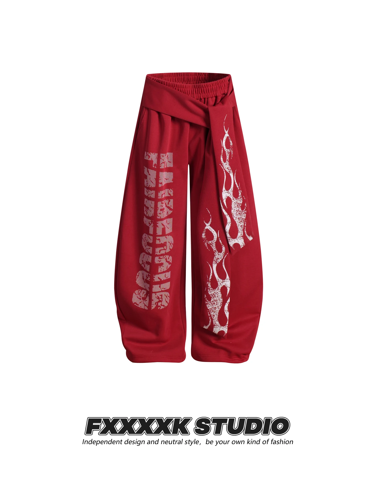

FXK Original American Retro Flame Letter Tie Waist Wide Leg Casual Pants Loose Fit Street Dance Fce Lined Trendy Trousers