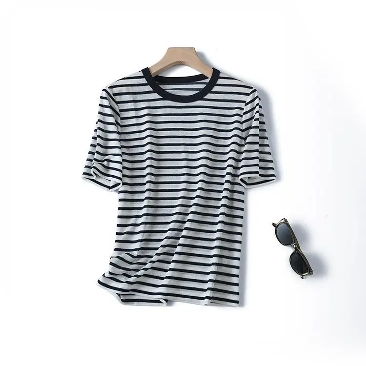 

Dave&Di Ultra Thin Breathable Navy Blue White Stripe Bright Silk Round Neck Short Sleeved Casual Knitted T-shirt Top