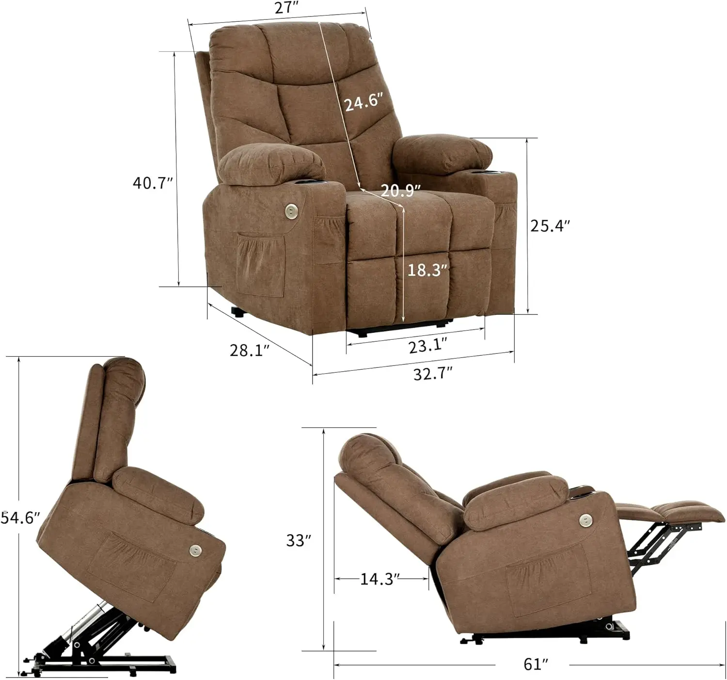 Electric Power Lift Recliner Chair for Elderly, Fabric Recliner Chair with Massage and Heat, Spacious Seat, USB Ports, Cup Holde