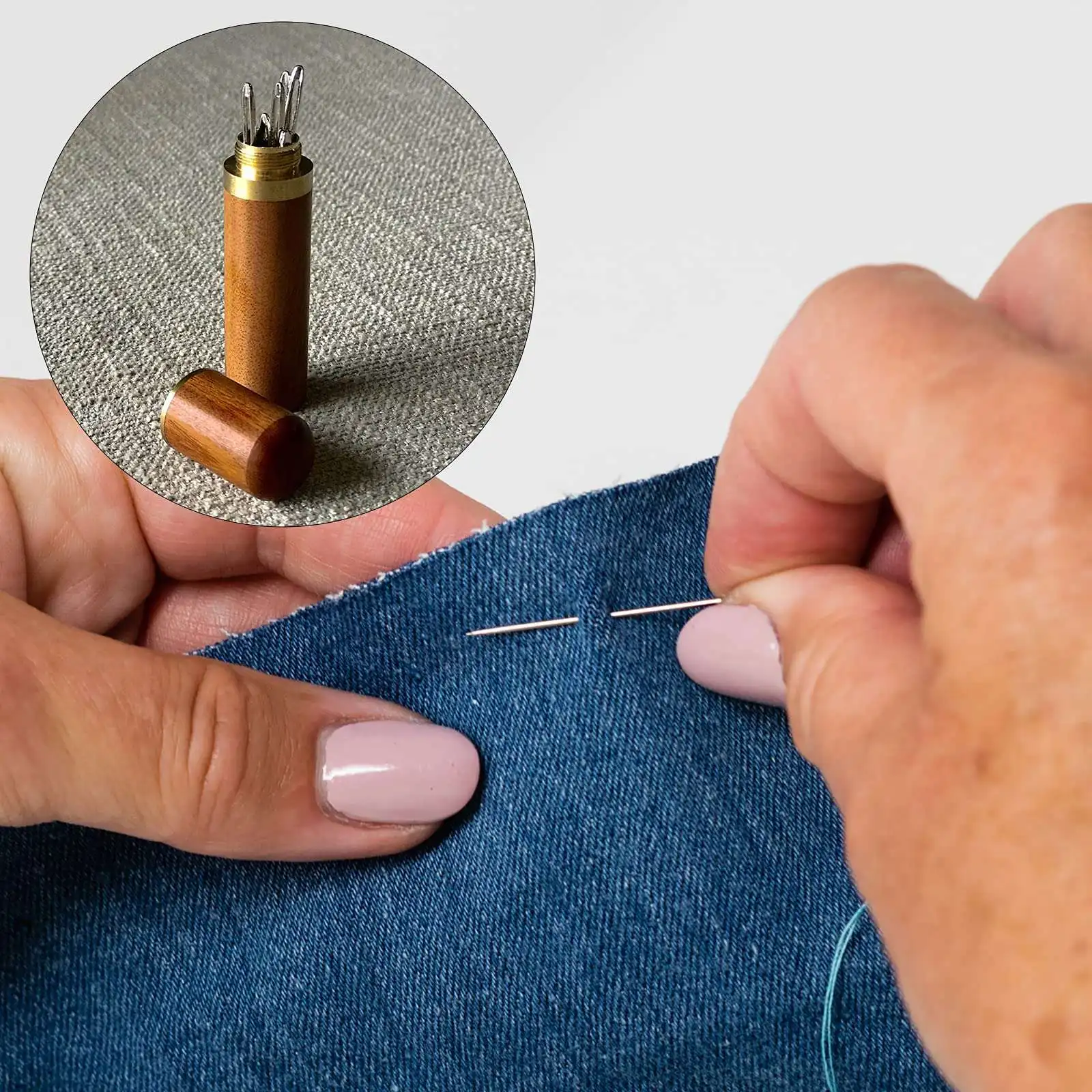 AT77 바느질 바늘과 자수 바늘을 보관하기 위한 나무 바늘 케이스, 바느질 골무 손가락 보호대가 있는 바늘 키트