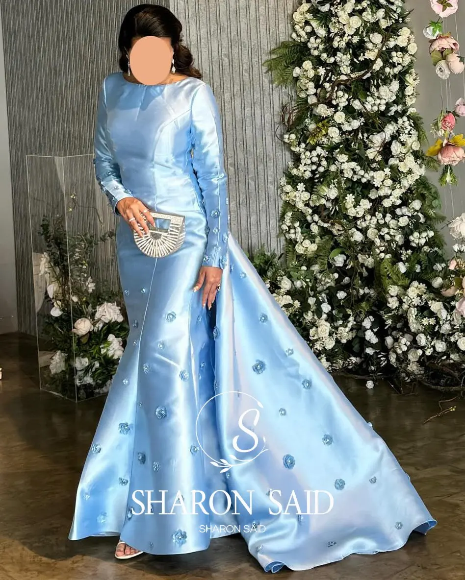 Sharon Said Dubai Blue 3D Flower Evening Dress with Long Sleeve Overskirt for Women Wedding Formal Gown SF244 Customized