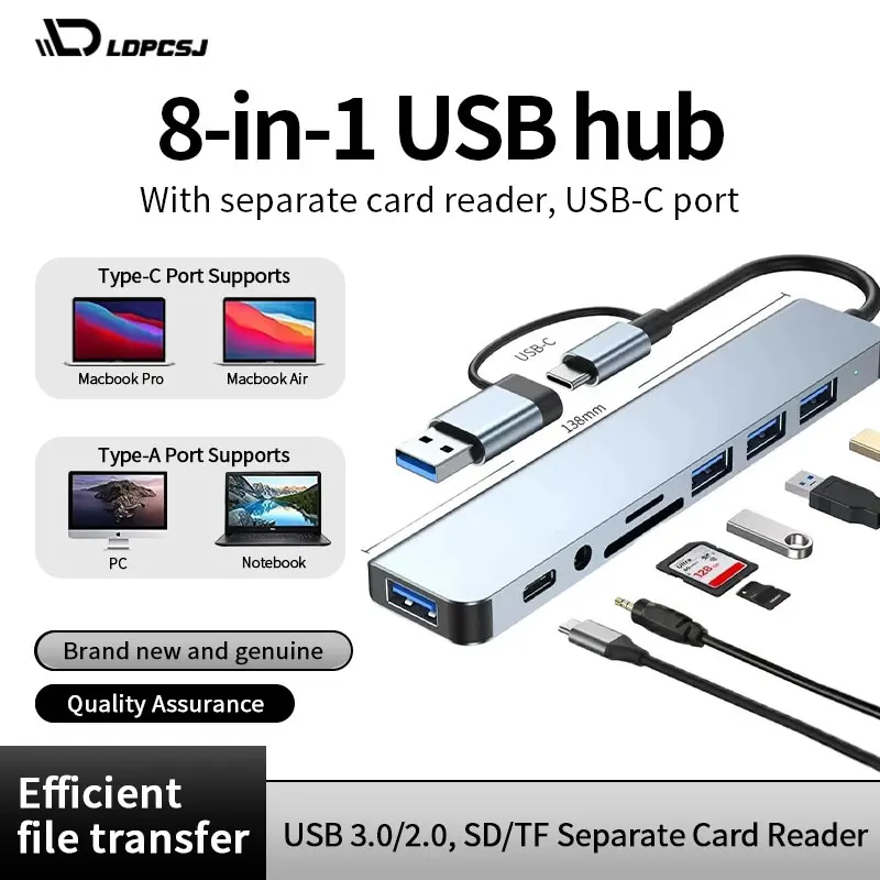 

LDPCSJ 8 In 2 USB HUB With Splitter Card Reader, USB C Port, USB 3.0 / 2.0, SD/TF Splitter Card Reader, Docking Station