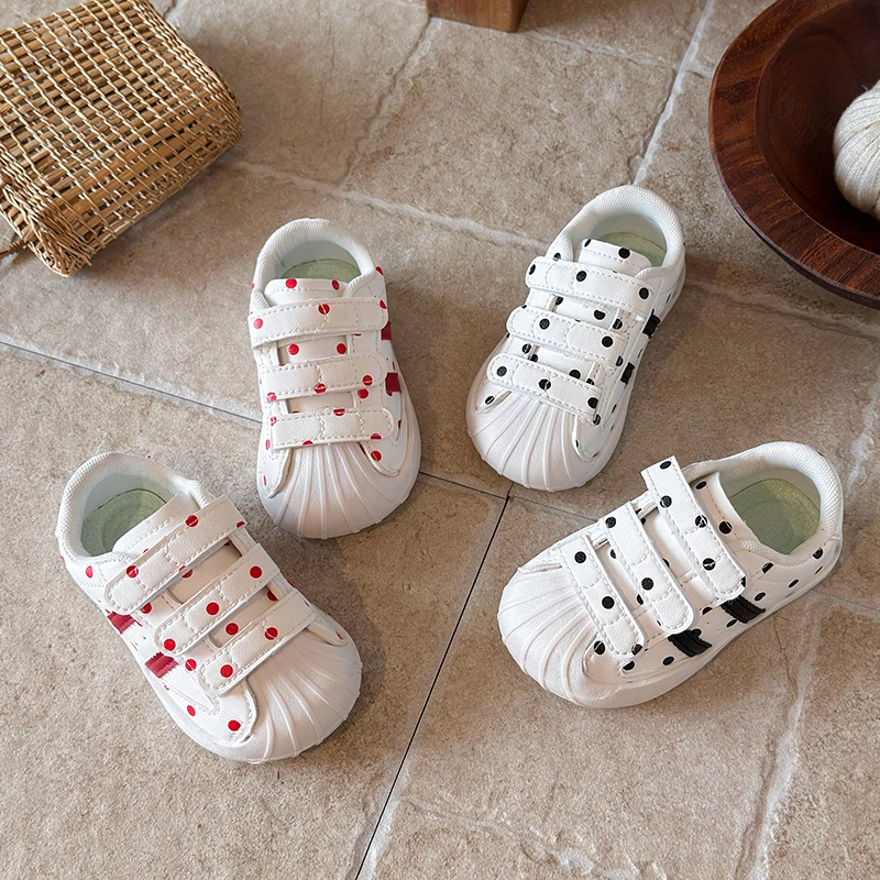Kids Sneakers Boys Shell Toe Casual Shoes Girls Polka Dot Hook and Loop Soft Toddler First Walkers Running Children's Shoes