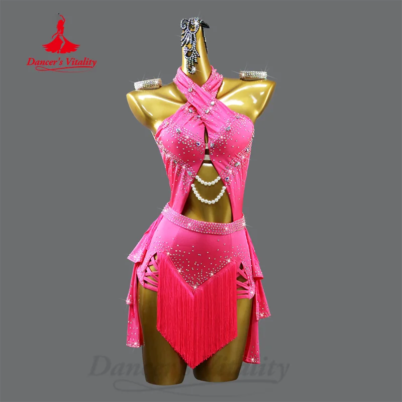 Latin Dance Costume Women Customized Luxury Rhinestone Tassel Performance Dress Adult Children Samba Tango Competition Clothing