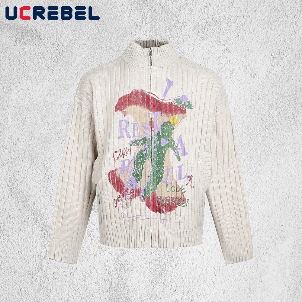 Graffiti Print Knitted Cardigan Mens Autumn Winter Retro Long Sleeve Mock Neck Sweatercoat Man Sweater