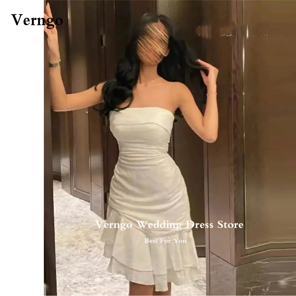 

Verngo Sexy Ivory Night Short Party Dresses Prom Dress Strapless Ruffles Tiered Evening Gowns Arabic Women Formal Event Dress