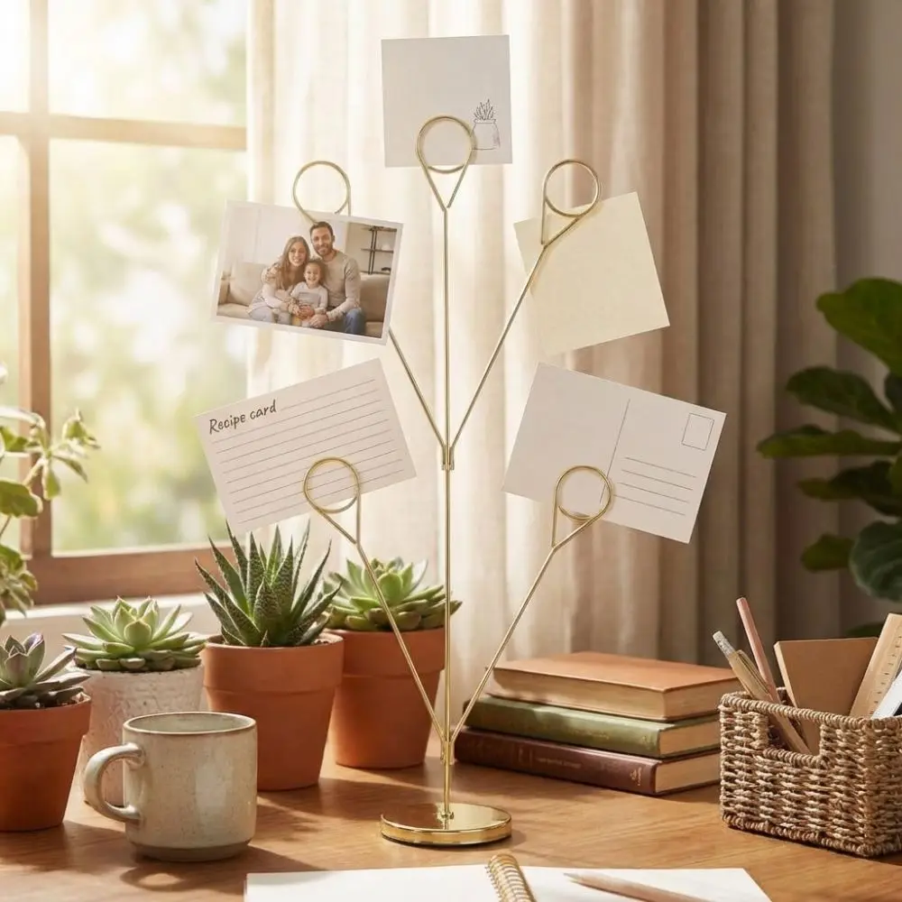 Stylish 5-Branch Photo Holder Round Base Picture Holder Memo Clip Stand Romantic Vertical Display Stand Business Cards