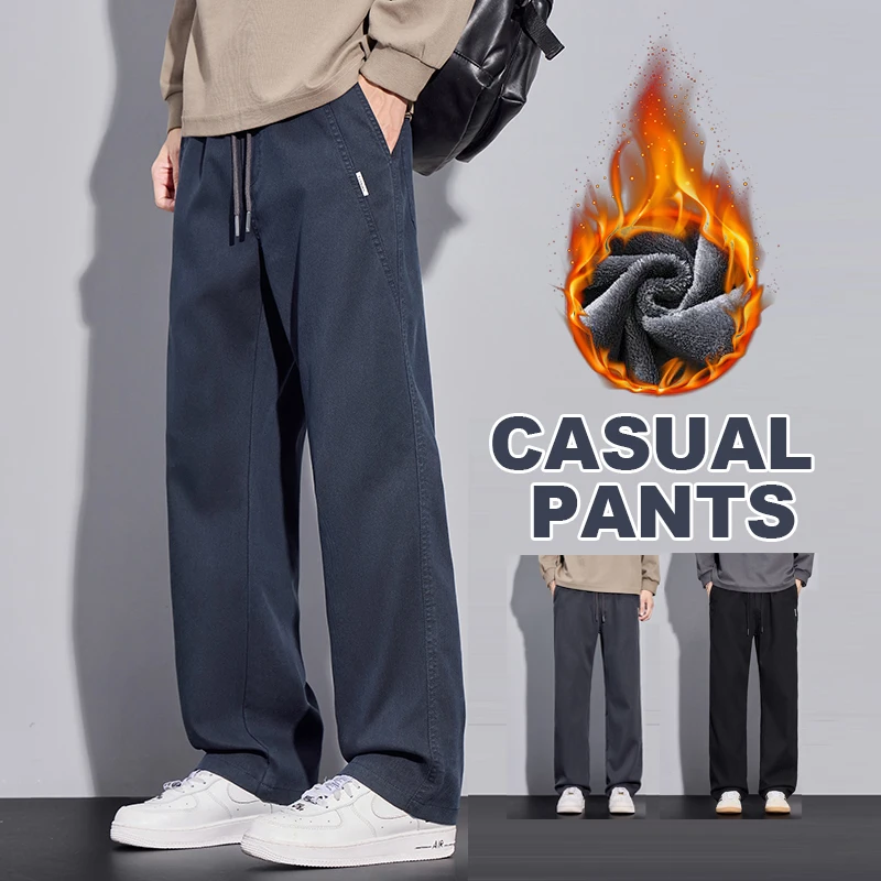 

Winter Men's Fleece Lined Casual Pants Loose Baggy Straight Leg Warm Fake Denim Trousers Y2K Streetwear Versatile Sweatpants