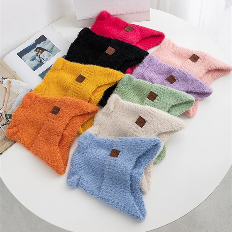 New Women Candy Colors Earflap Beanie Fashion Faux Fur Knitted Hat Lovely With Ear Soft Beanie Hats Female Streetwear Cap