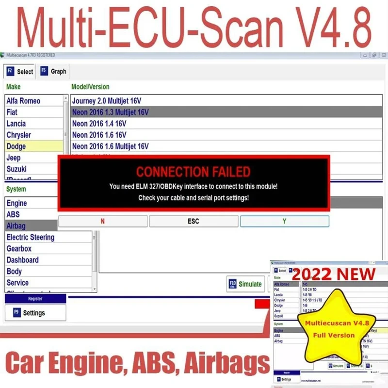 2022 New Multiecuscans V4.8 For Fiat/Chrysler/Dodge/Jeep/Suzuki Scanner Software 4.8 Work With ELM327 / OBD II Diagnostic Tool