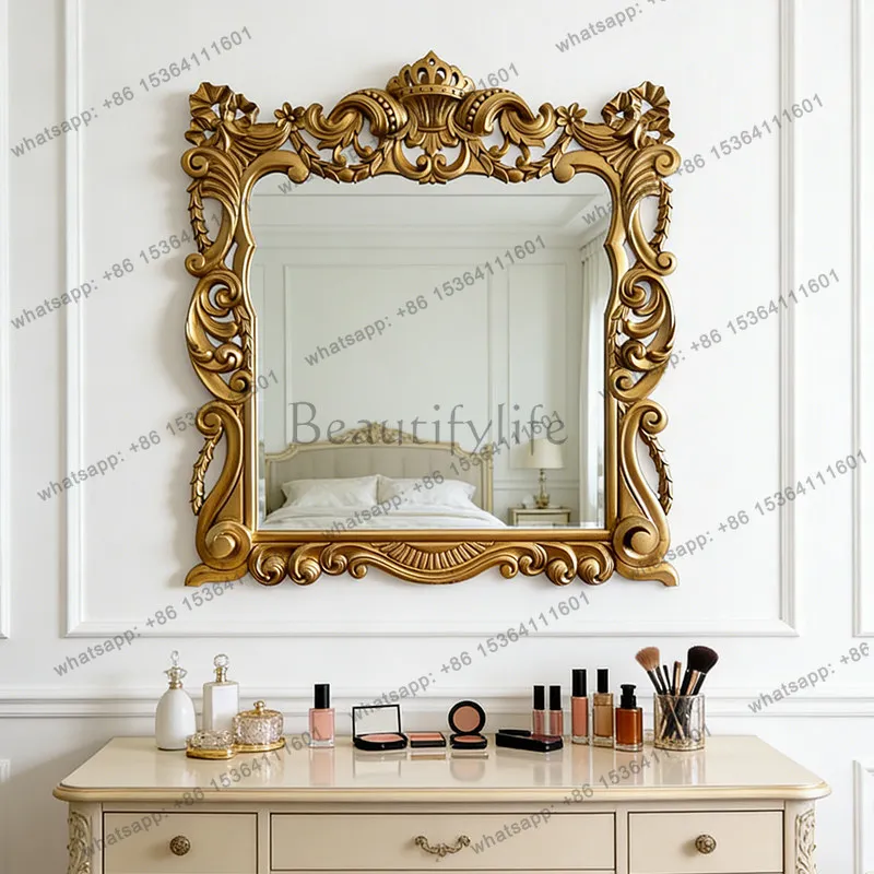 French carved bathroom mirror wall hanging retro gold decorative vanity mirror