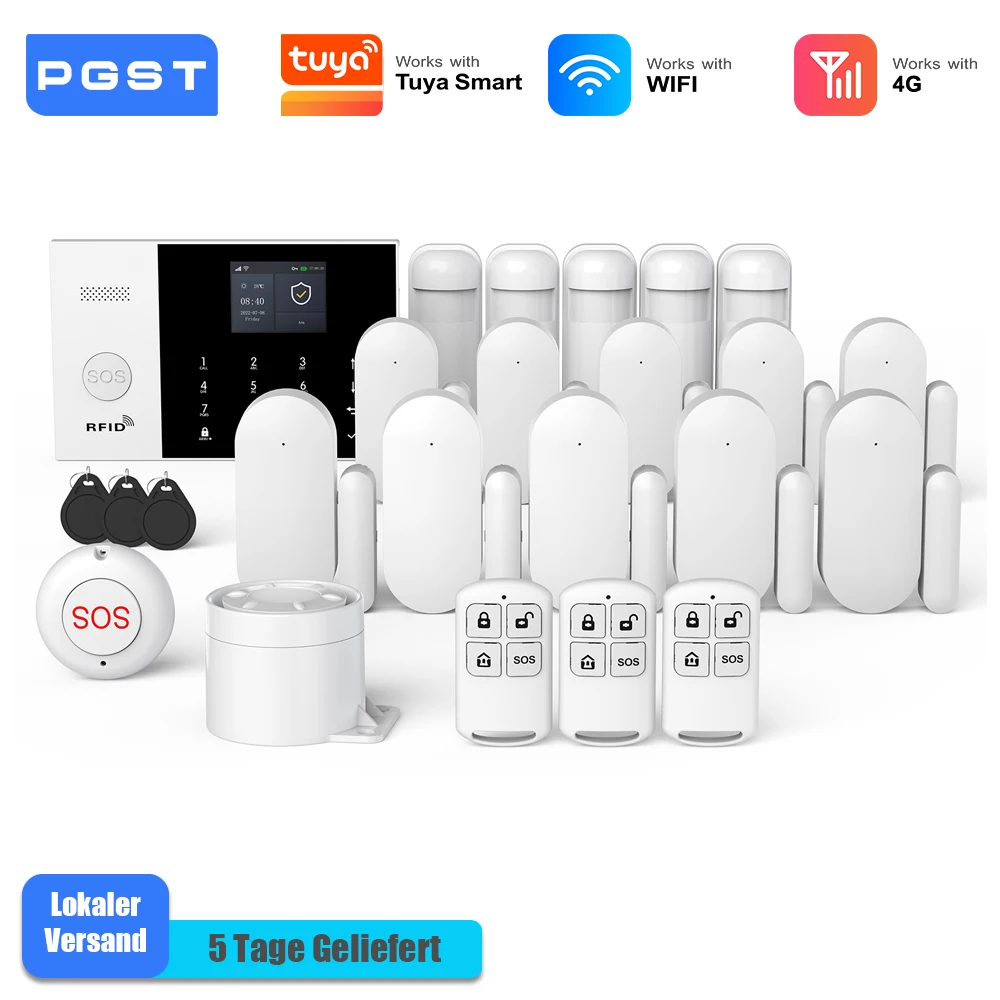 PGST Sicherheits Set Einbruchalarmanlage WiFi 4G Works with Tuya Smart Life vernetztes drahtloses System für Haus Geschäft mobile Überwachung schnelle Installation Rundumschutz
