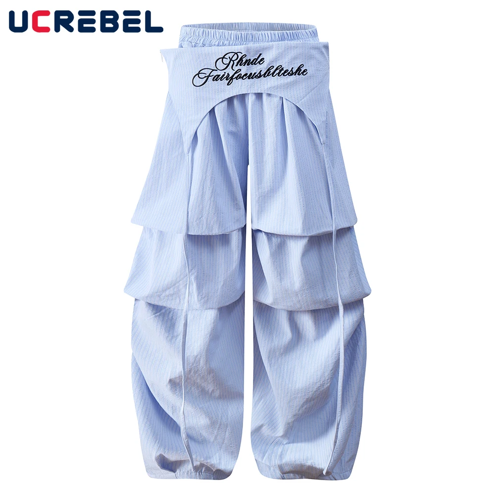 Letter Embroidery Striped Wide Leg Pants Mens Removable Butt Curtain Hip Hop High Street Elastic Waist Pleated Baggy Pants Men