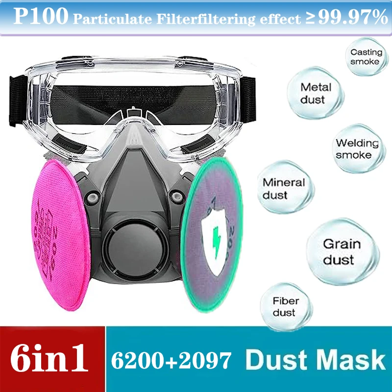 Máscara protectora 6 en 1 para partículas ácidas, mascarilla con filtro antipartículas PM2.5, 6200 P100, 2097