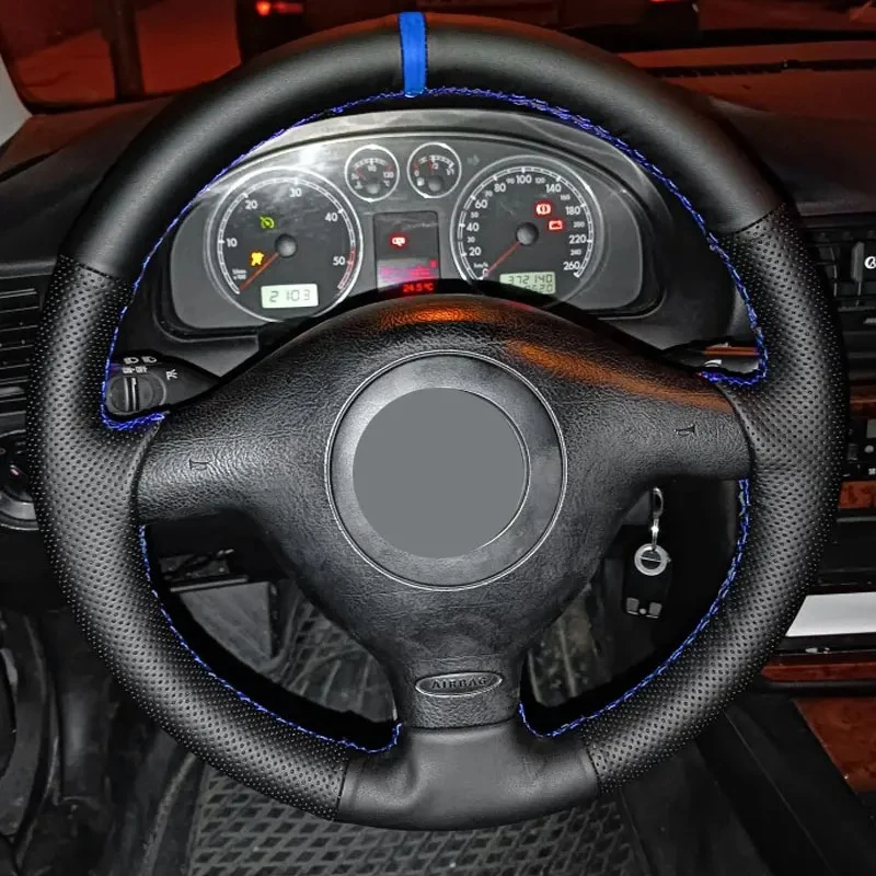 For VW Golf 4 MK4 1998-2002 2003 2004 For Passat B5 1996 -2005 Old Car Steering Wheel Cover Trim Black Leather with Green strip